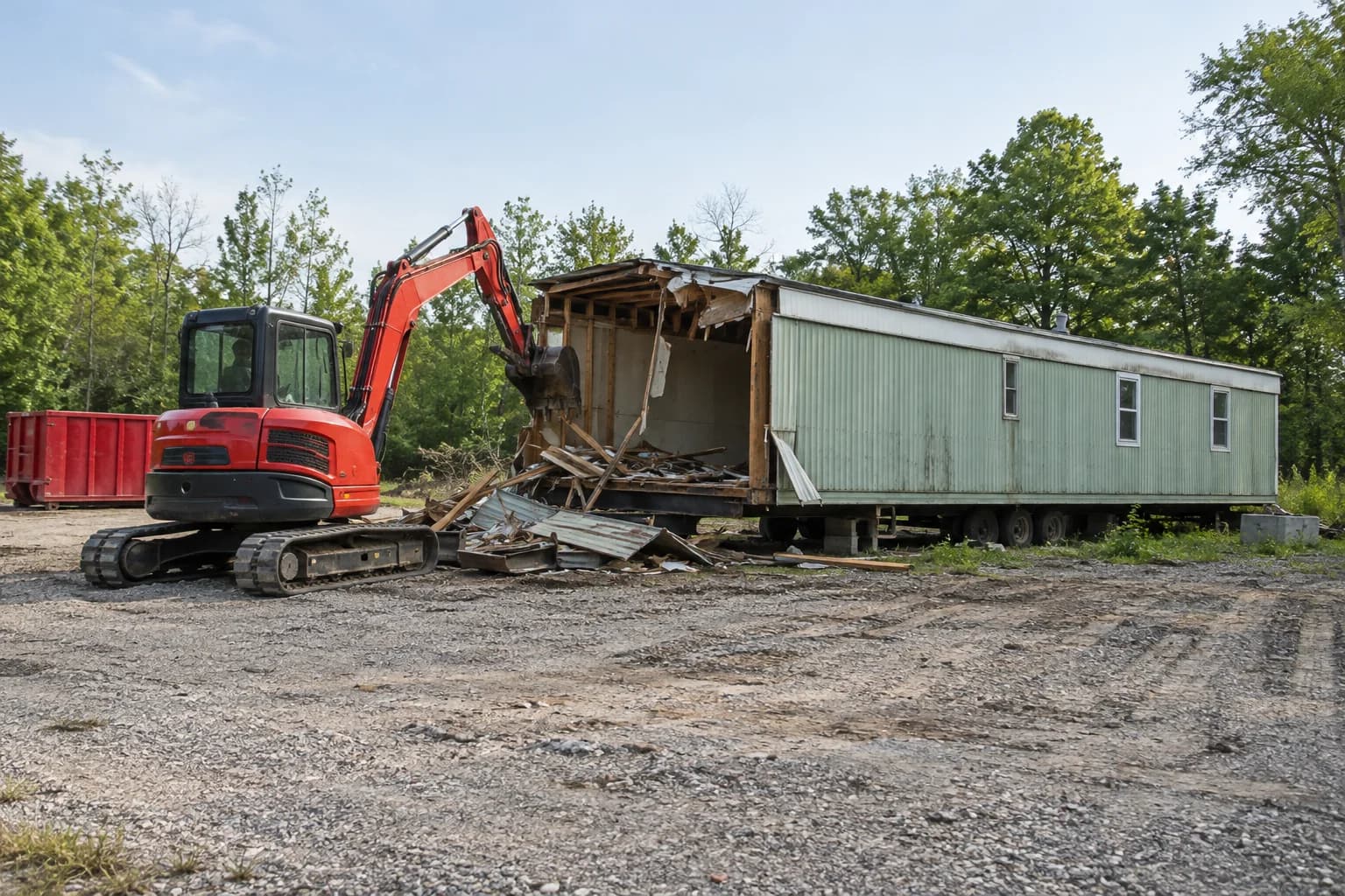 A red excavator dismantling a sage-green mobile home on an open gravel site